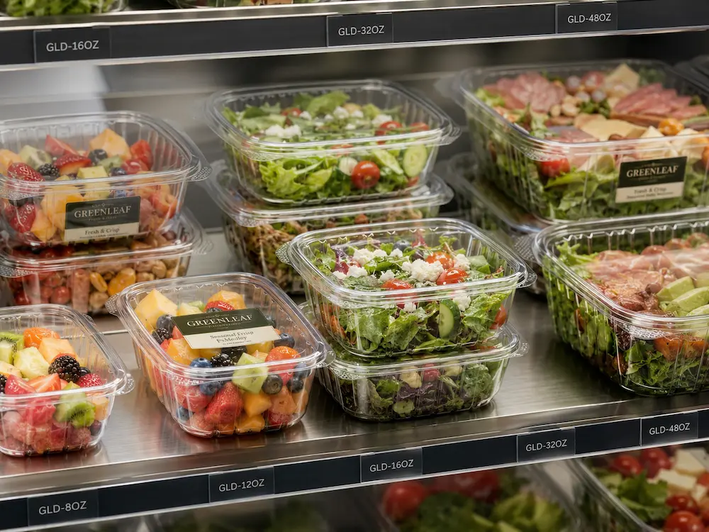 Clear PET deli and salad containers displayed on a refrigerated retail shelf