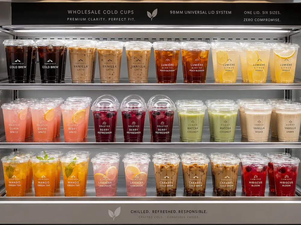 Wholesale Cold Cups: Buyer Guide for Food Packaging Teams 1 Wholesale cold cups displayed in a refrigerated beverage case for iced coffee, lemonade, matcha and fruit drinks