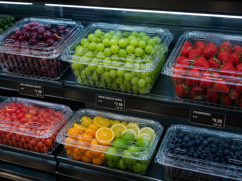 Vented Packaging Design for Fresh Produce, Cafes, Bakeries, and Foodservice Brands 2 Clear PET vented clamshell containers displaying grapes, strawberries, blueberries, tomatoes, and citrus in a refrigerated case