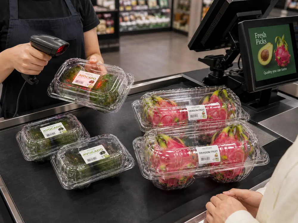 Retail Fruit Containers: Buyer Guide for Food Packaging Teams 3 Retail fruit clamshell container barcode scanning at supermarket checkout