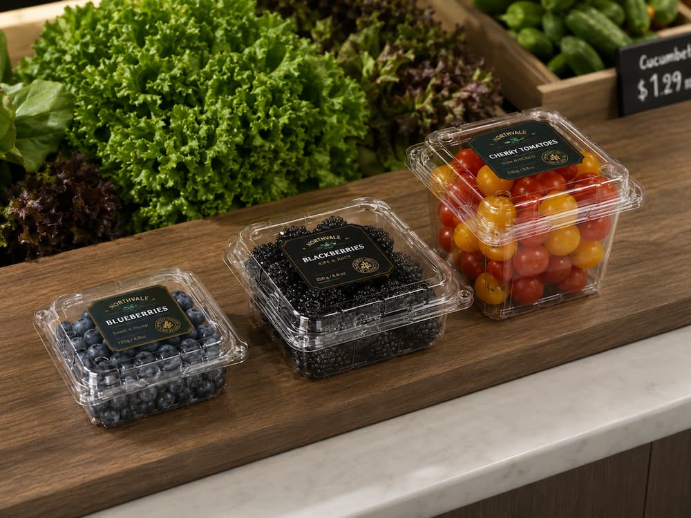 Fresh Produce Retail Display FAQ: Materials, Sizes, Uses, and Ordering Questions 3 Retail fruit containers with blueberries blackberries and cherry tomatoes on fresh produce counter
