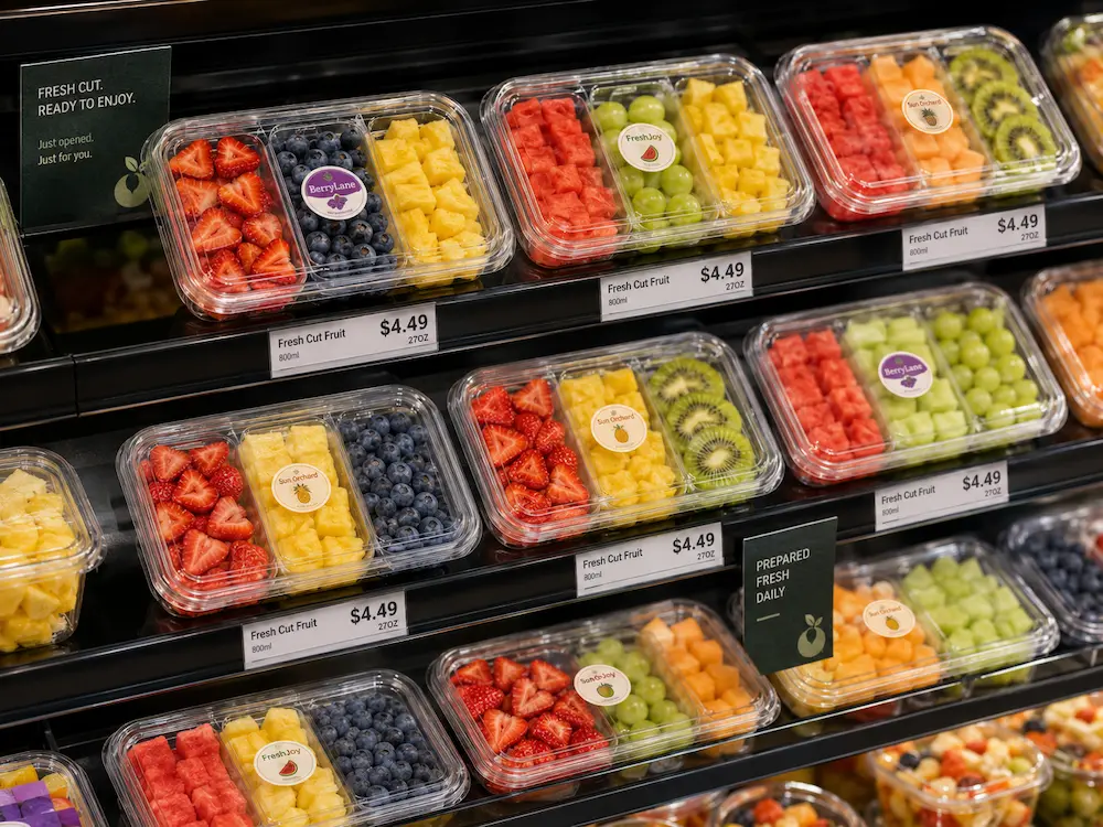 Retail grab-and-go fruit packaging in a refrigerated display with clear PET fruit containers