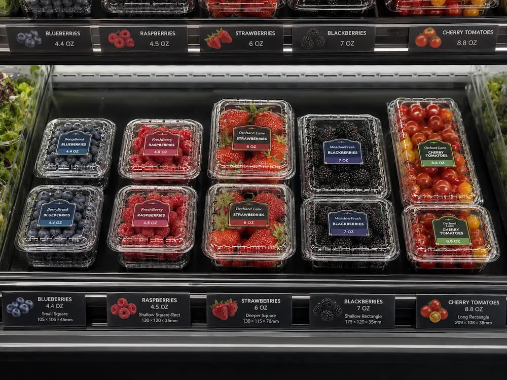 PET Produce Clamshells FAQ: Materials, Sizes, Uses, and Ordering Questions 2 Retail produce clamshell display with berries blackberries blueberries and cherry tomatoes in clear PET packaging
