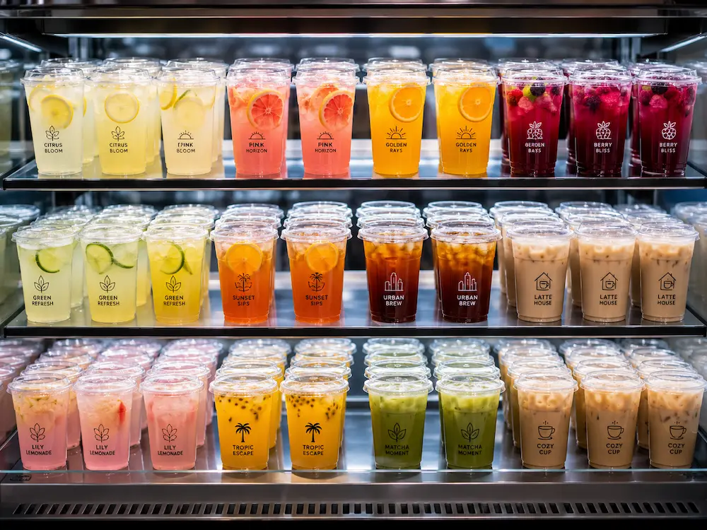 Wholesale Cold Cup Manufacturer Guide for Beverage Chains 3 Retail chiller display with clear PET cold cups filled with lemonade, fruit tea, matcha, and iced coffee