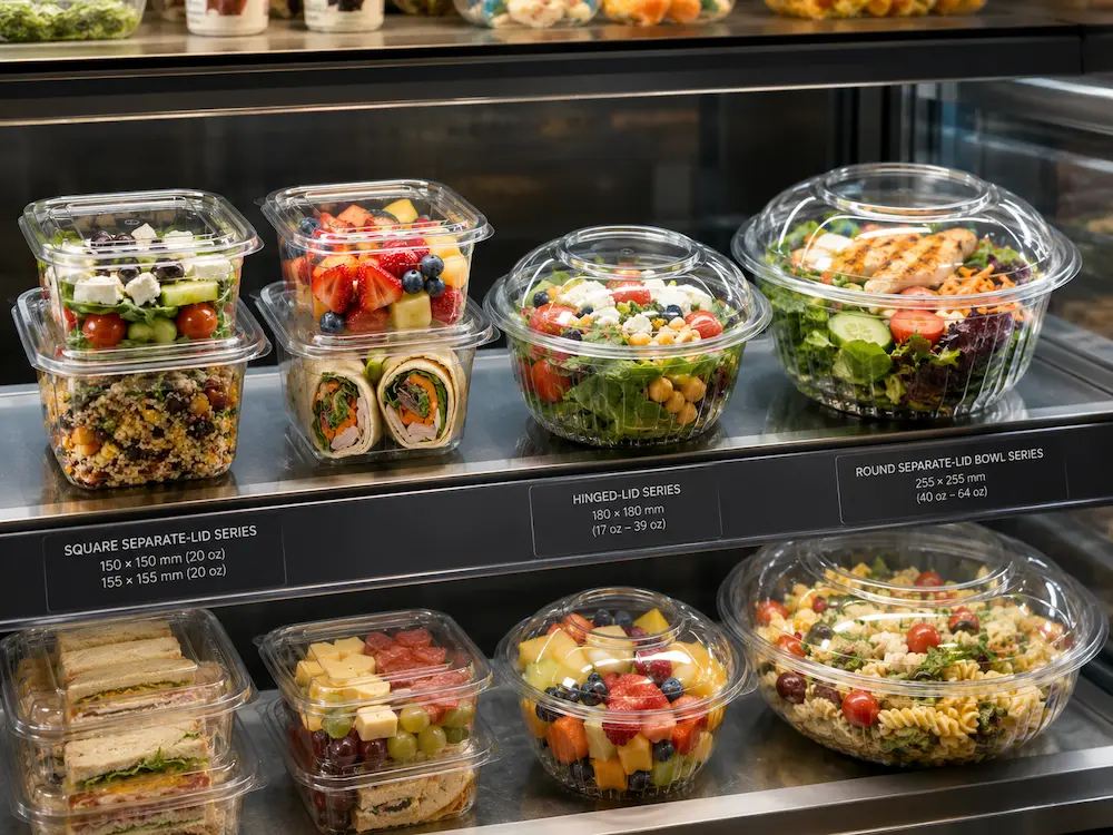 Round and square clear PET salad containers displayed in a refrigerated grab-and-go food case