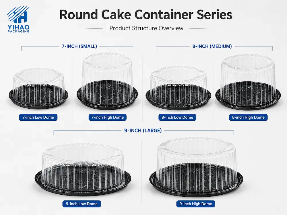 Round cake container series showing 7 inch, 8 inch, and 9 inch low dome and high dome options