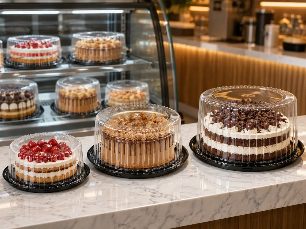 Cake Containers: Buyer Guide for Food Packaging Teams 8 Clear PET round cake containers for cafe dessert display and takeaway presentation