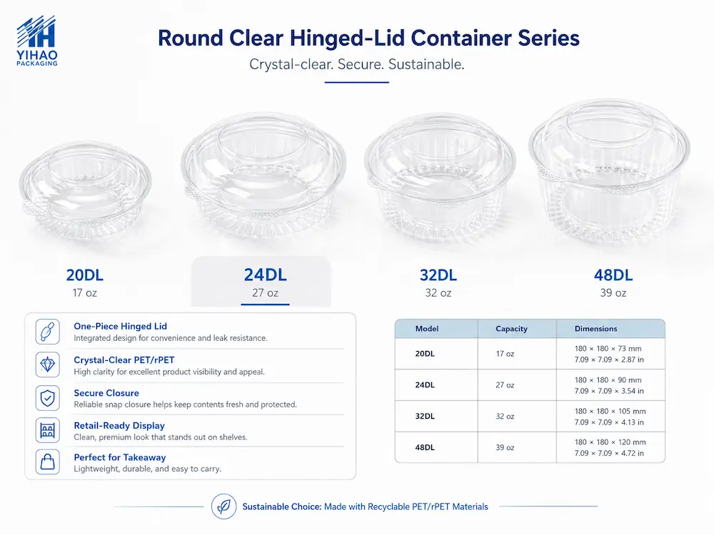 Round clear hinged-lid container series with PET and rPET salad packaging features