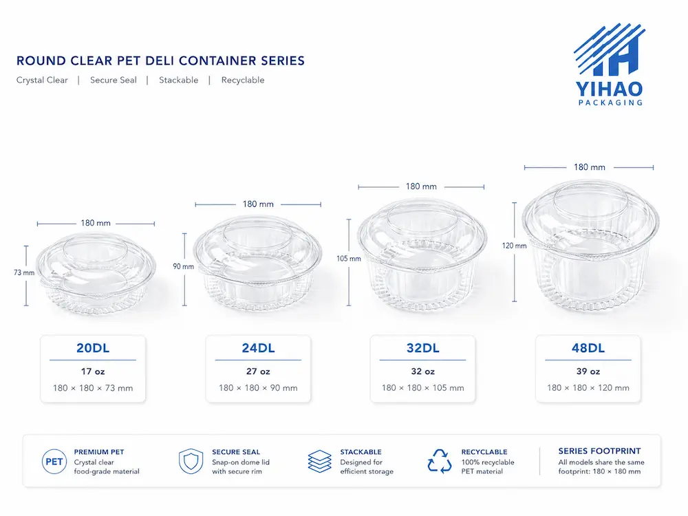 Round clear PET deli container series with 20DL, 24DL, 32DL, and 48DL size options
