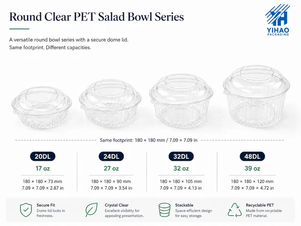 Farm Packaging Containers vs Alternative Packaging: How Buyers Should Choose 5 Round clear PET salad bowl series with secure dome lids and four capacity options