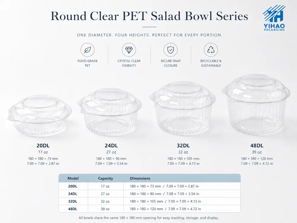 Farm Packaging Containers vs Alternative Packaging: How Buyers Should Choose 2 Round clear PET salad bowl series with dome lids capacity options and specification table