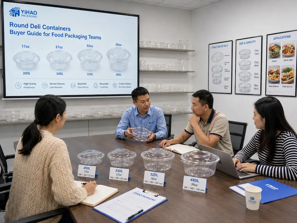 Round Deli Containers: Buyer Guide for Food Packaging Teams 8 Food packaging team reviewing round deli containers and capacity options