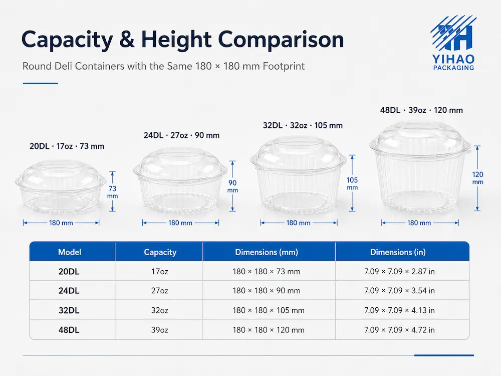 Round Deli Containers: Buyer Guide for Food Packaging Teams 3 Capacity and height comparison of round deli containers with the same footprint