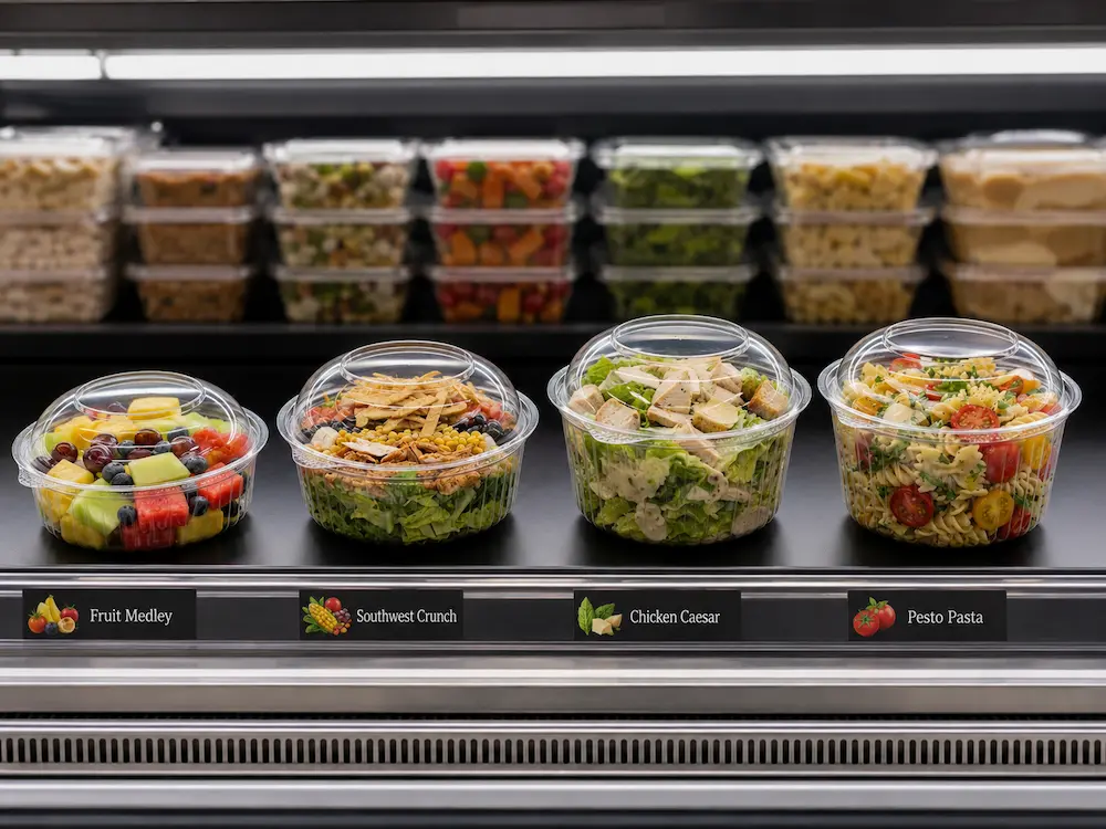 Round Deli Containers: Buyer Guide for Food Packaging Teams 7 Round deli containers displayed in a refrigerated retail shelf with product labels
