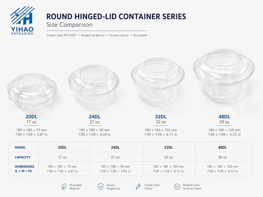Round hinged-lid salad container size comparison for wholesale buyers