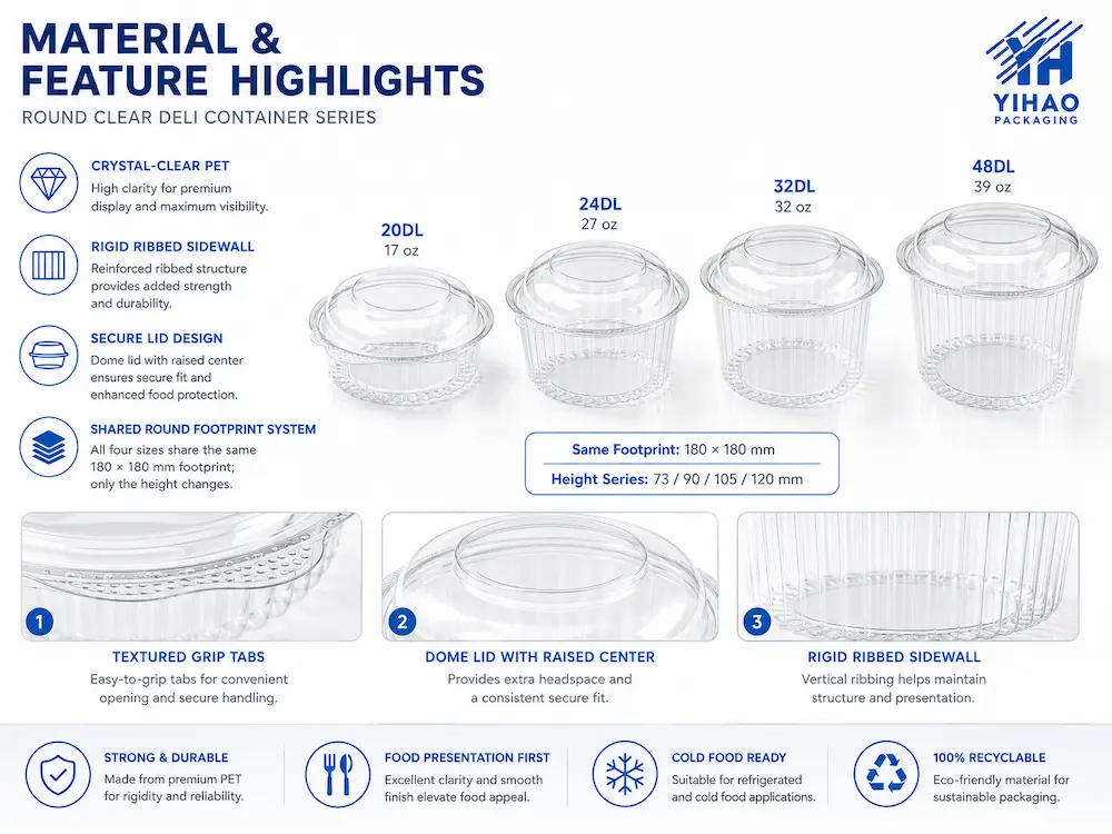 Crystal clear PET round deli container material features with dome lid and ribbed sidewall