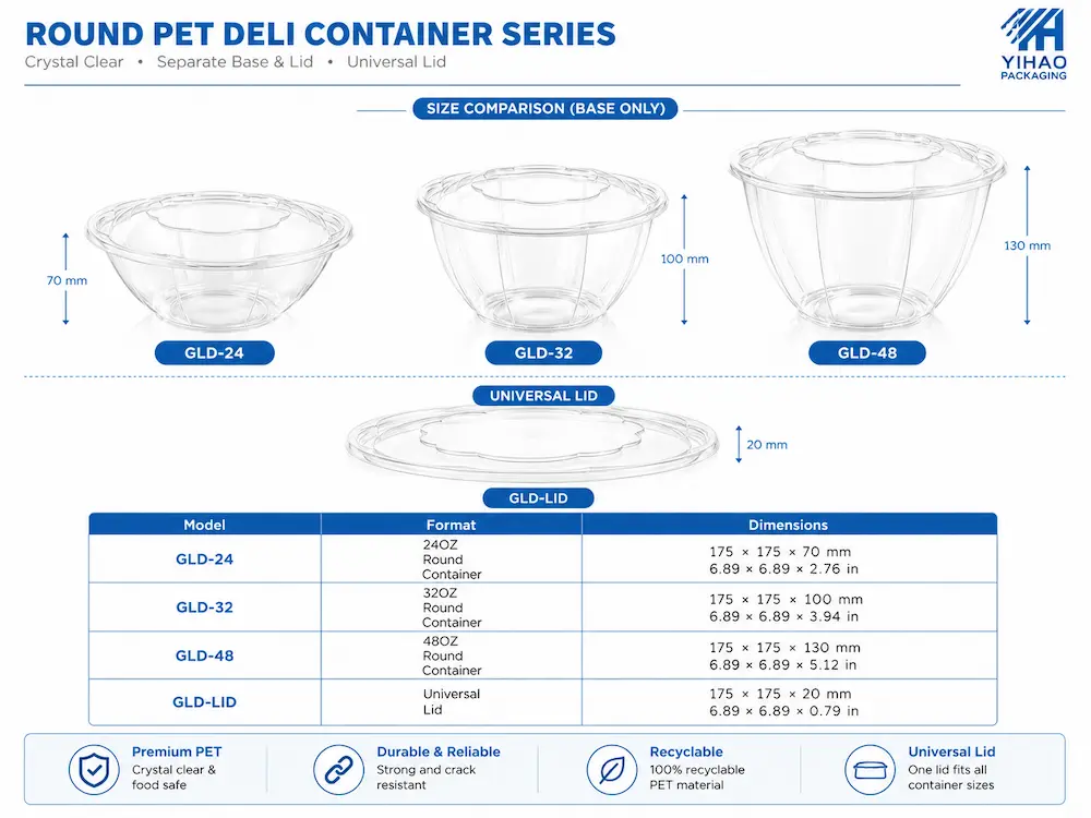 Round PET deli container size comparison with 24 oz 32 oz and 48 oz bases