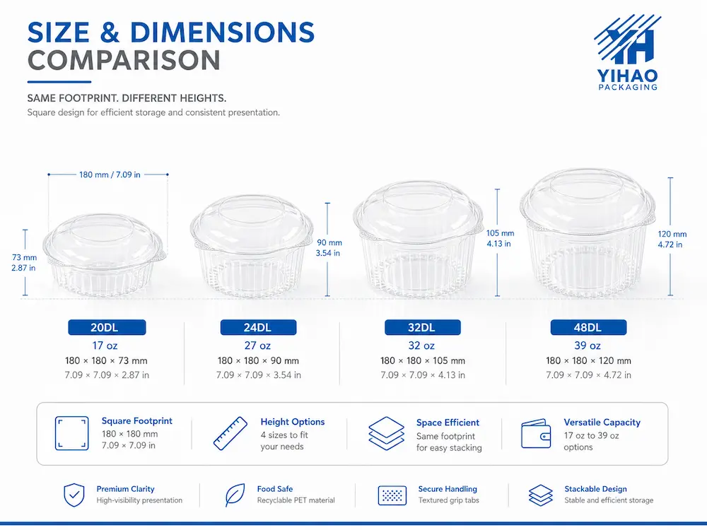 Round PET deli container size and dimension comparison for 20DL 24DL 32DL and 48DL series