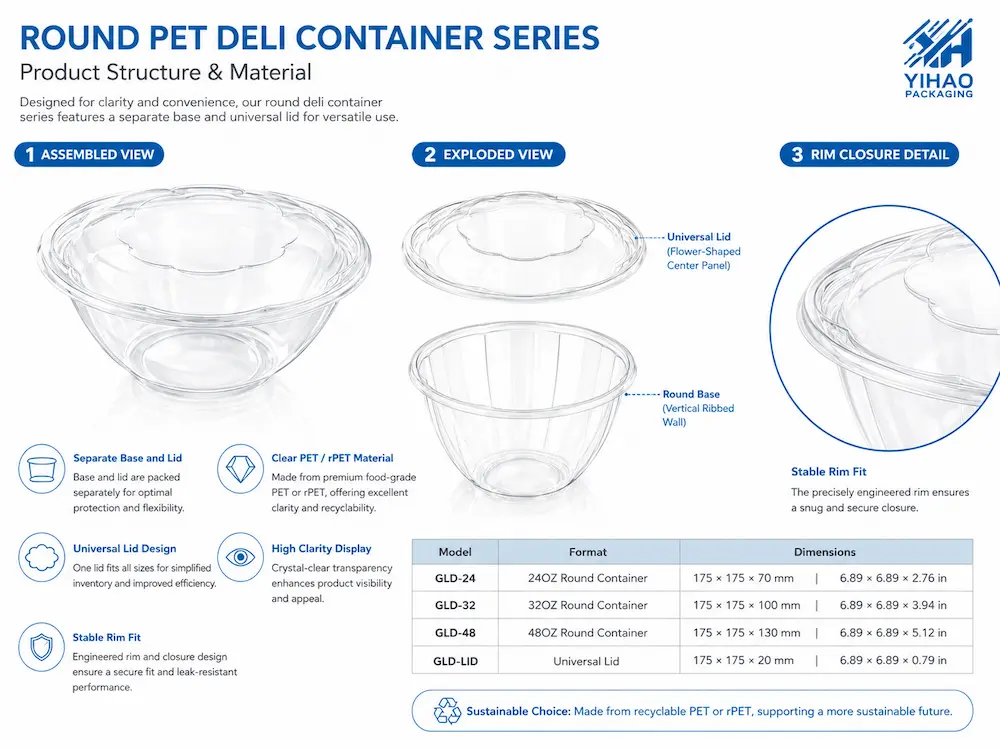 Round PET deli container structure with separate base universal lid and rim closure detail