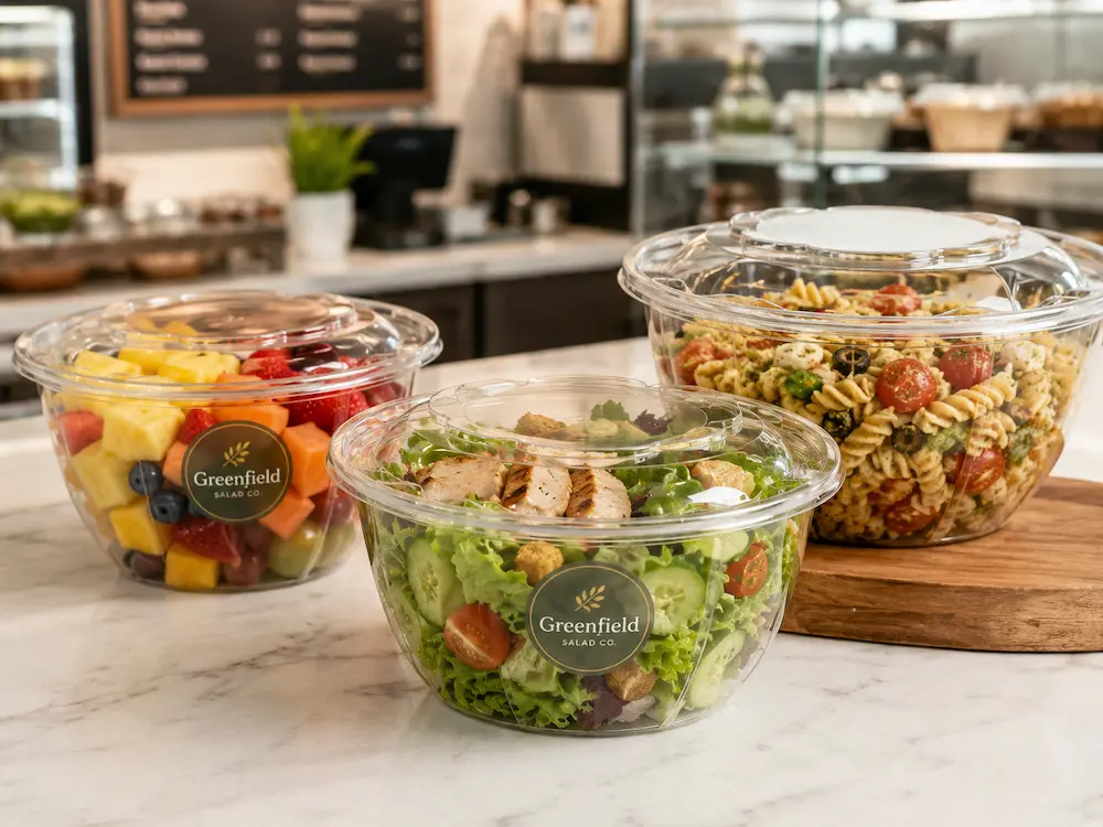 Clear round PET deli containers filled with salad fruit and pasta for cafe takeaway display