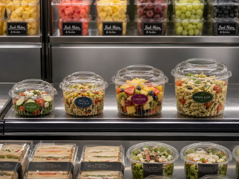 Round PET deli containers for fresh-cut fruit salad pasta and grab-and-go chilled food