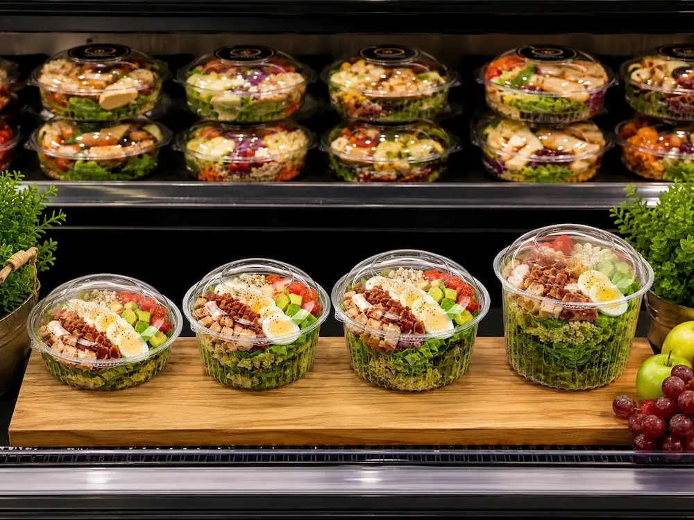 Round PET deli containers displayed with fresh salads in a refrigerated retail case