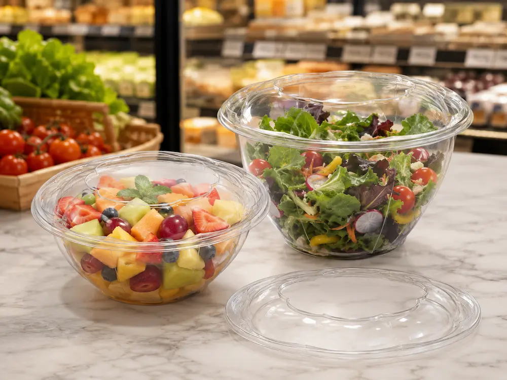 Round PET deli containers for fresh fruit and salad in refrigerated retail display