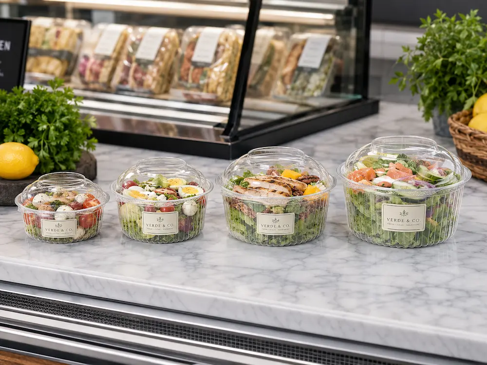 Clear round PET deli containers for salad fruit and chilled ready-to-eat food packaging
