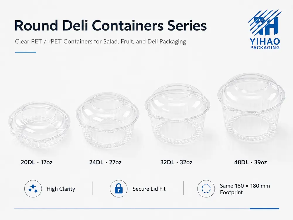Round PET deli containers series for salad, fruit, and chilled deli food packaging
