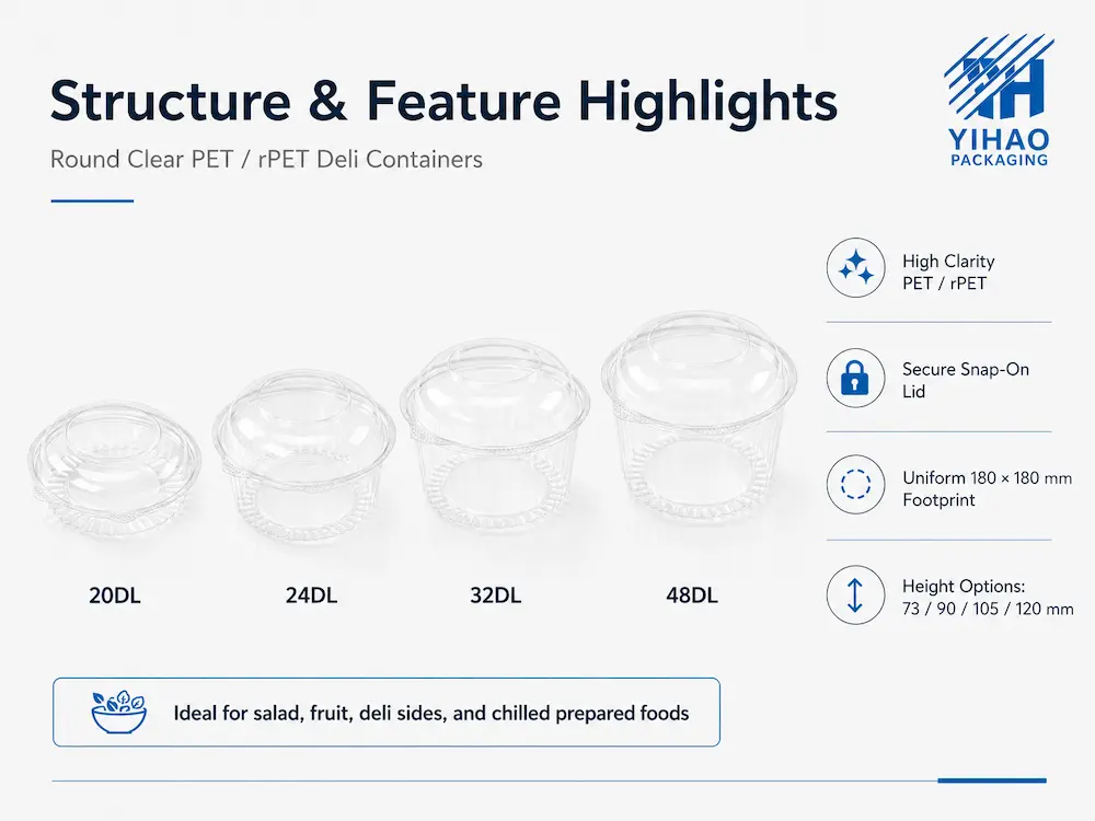 Round Deli Containers: Buyer Guide for Food Packaging Teams 1 Round PET deli containers with high clarity, secure snap-on lid, and uniform footprint