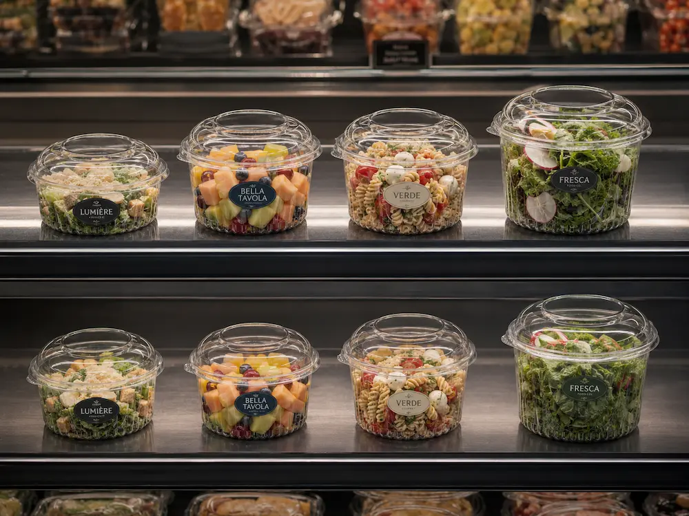 Clear round PET deli containers with branded labels in a supermarket refrigerated display