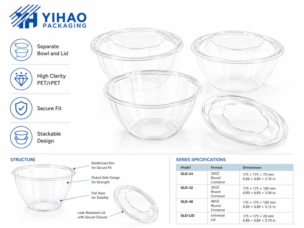 Clear PET and rPET round bowls with separate lids, secure fit, stackable design, and structural details