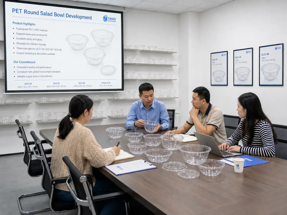 Deli Food Packaging FAQ: Materials, Sizes, Uses, and Ordering Questions 8 Product development meeting for clear PET round salad bowls with samples and specification boards