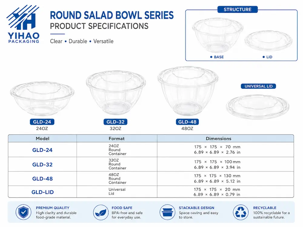 Round PET salad bowl specifications with 24oz 32oz 48oz containers, universal lid, and product dimension table