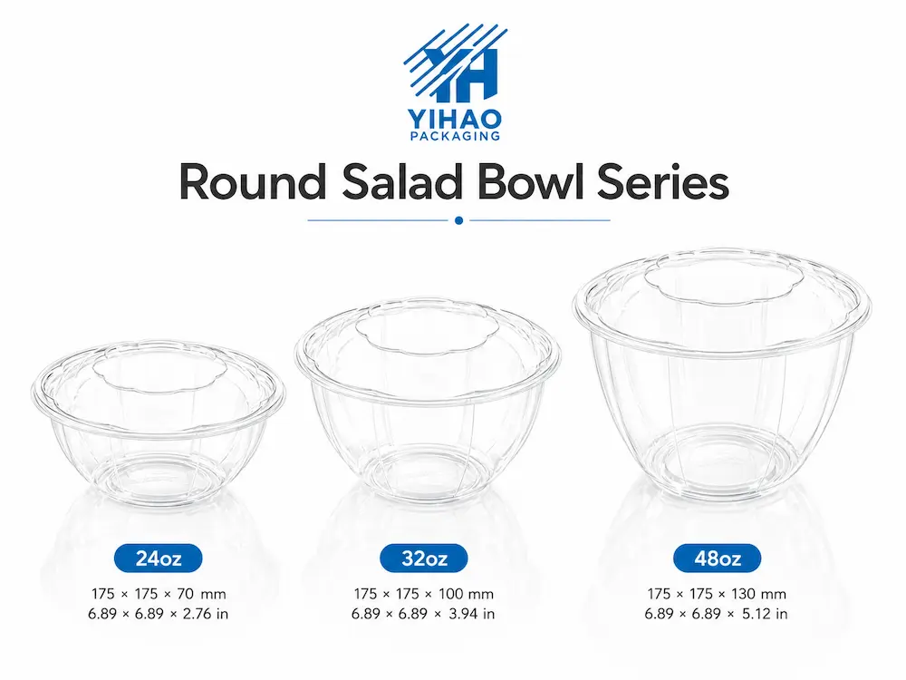 Round salad bowl series showing 24oz, 32oz, and 48oz clear PET containers with matching lid design
