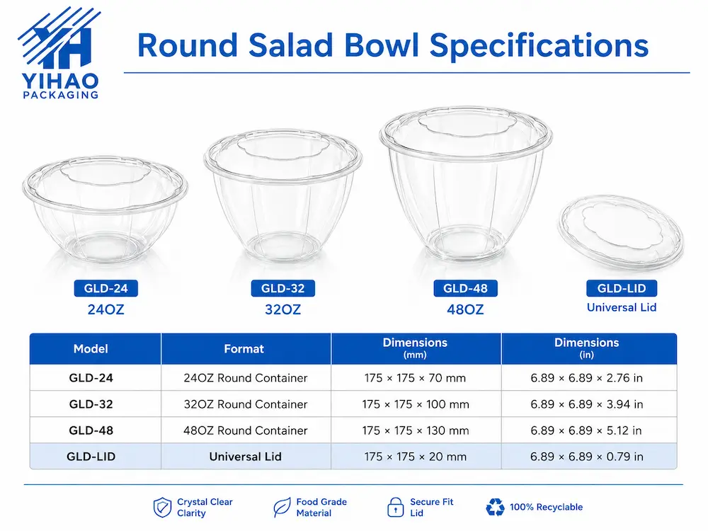 Round salad bowl specifications table for 24oz, 32oz, 48oz containers and universal lid dimensions