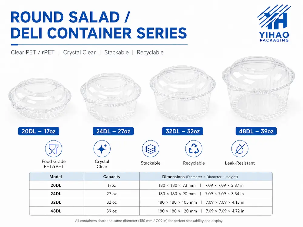Round salad container series in clear PET and rPET sizes