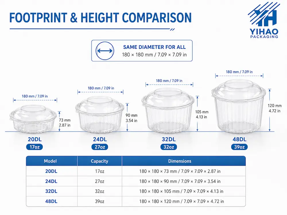 Round salad container size comparison with same 180 mm diameter