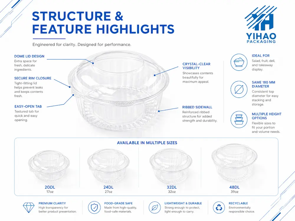 Round salad container structure and dome lid feature highlights
