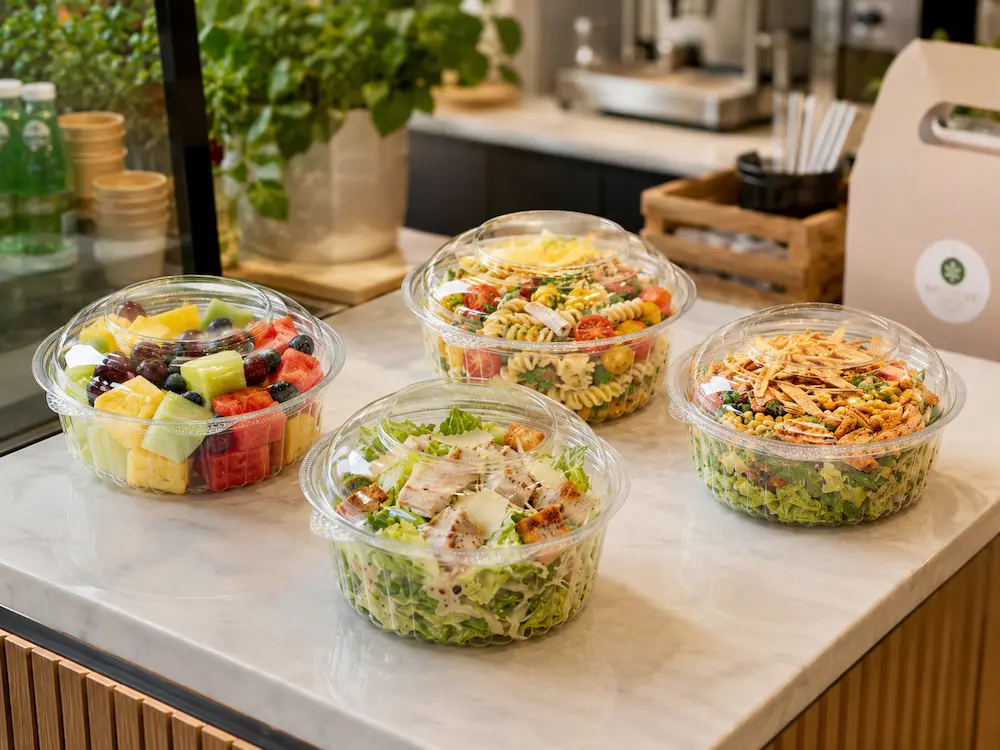 Round salad containers for cafe takeaway and grab-and-go meals