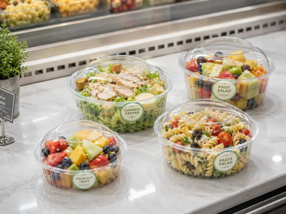 Round Deli Containers: Buyer Guide for Food Packaging Teams 4 Clear round salad containers displayed under cold-case retail lighting