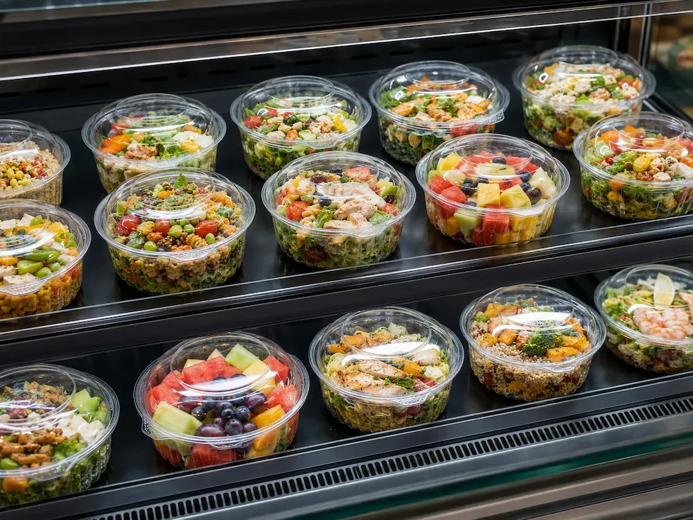 Round salad containers for retail display and chilled food packaging