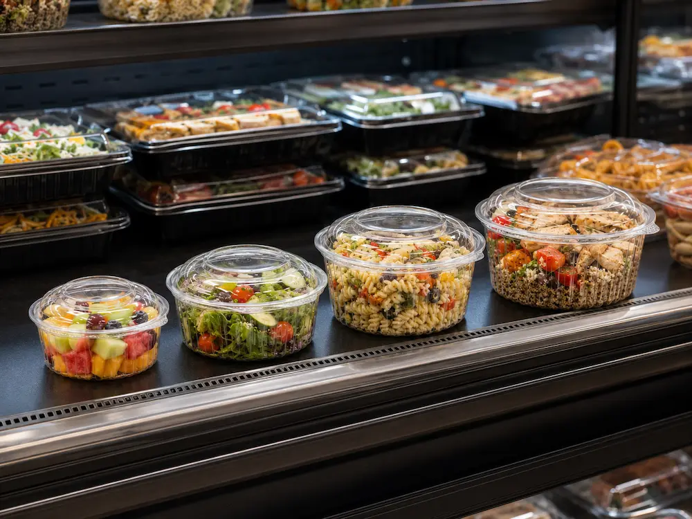 Clear salad clamshell containers and alternative deli packaging in a chilled retail display