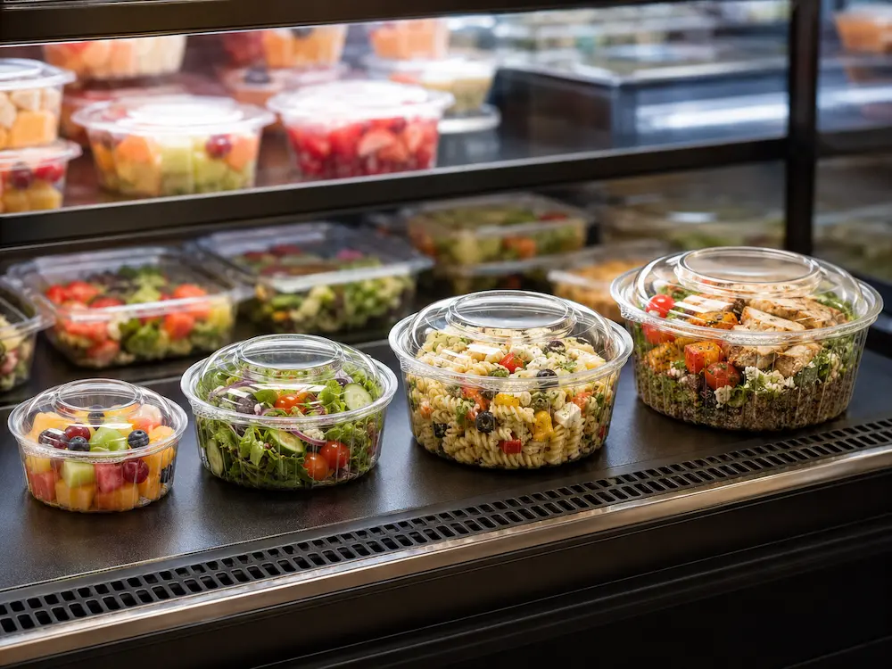 Salad Clamshell Containers vs Alternative Packaging: How Buyers Should Choose 5 Salad clamshell containers displayed with fresh salads and fruit in a chilled retail case