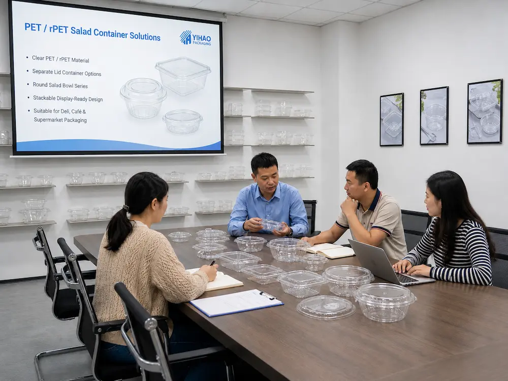 YIHAO team reviewing clear PET salad container samples with buyers during packaging consultation