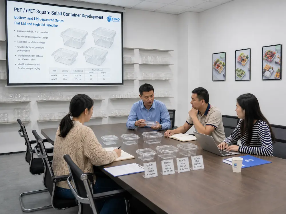 Grab-and-Go Salad Containers for Retail: Complete Buying Guide 7 YIHAO team reviewing clear PET square salad container samples for wholesale packaging development