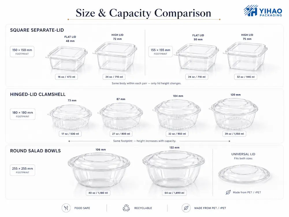 Size and capacity comparison guide for square separate-lid containers hinged-lid clamshells and round PET salad bowls