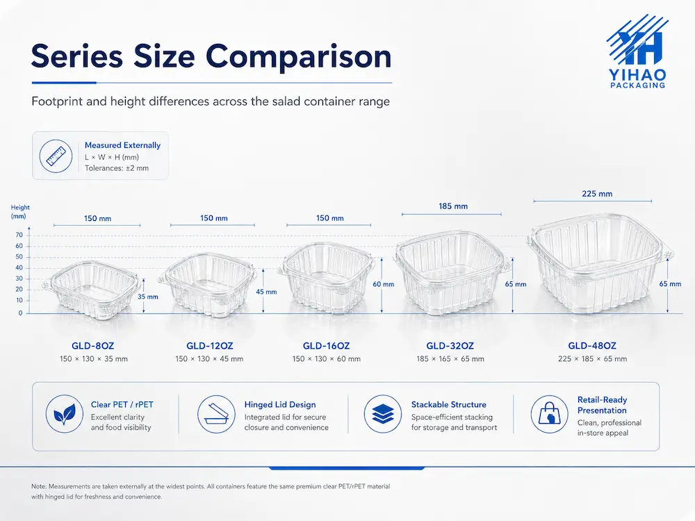 Salad Packaging Containers: Buyer Guide for Food Packaging Teams 4 Salad container size comparison chart for clear PET hinged packaging