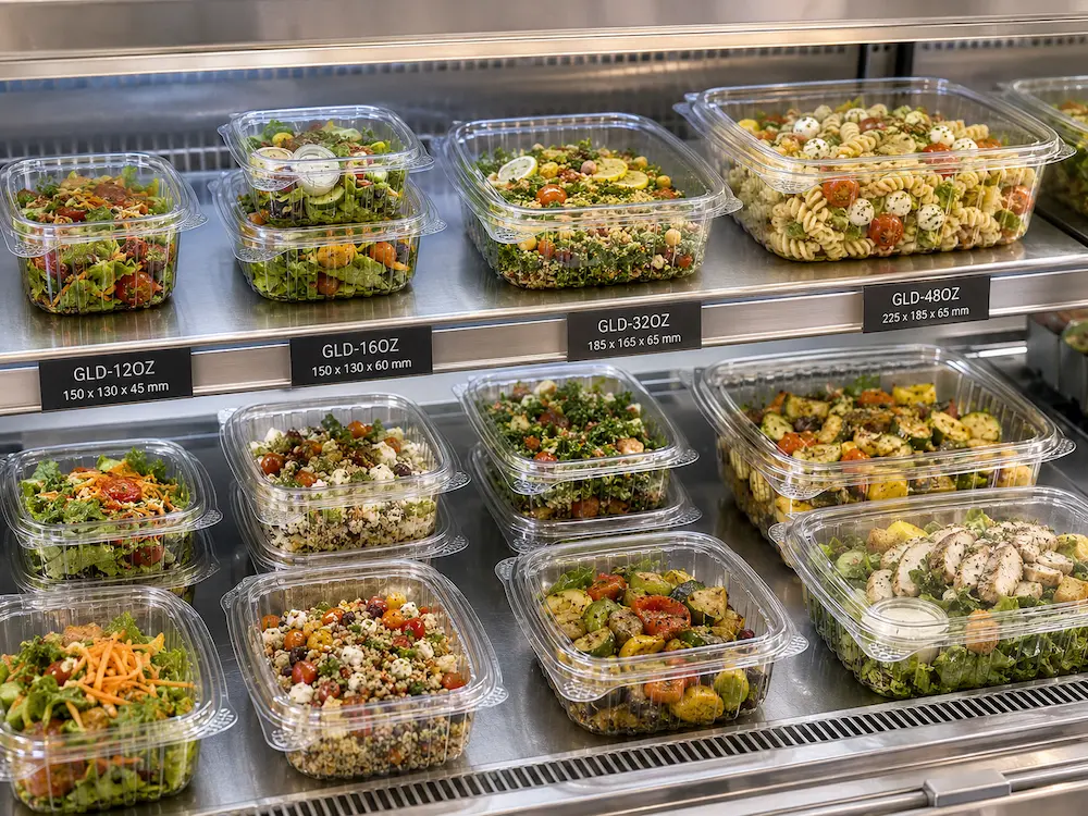 Clear hinged salad containers in multiple sizes displayed in a refrigerated retail case