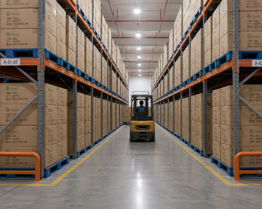 YIHAO salad container cartons stored in a warehouse with forklift logistics for wholesale packaging supply